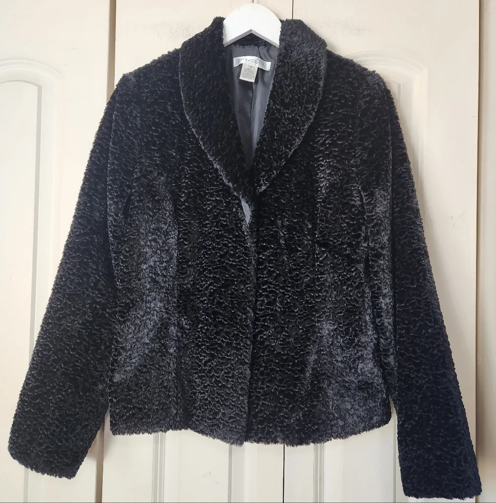 Pursuits Faux Karakul Fur Black Plush Soft Textured Flattering  Coat Sz 10